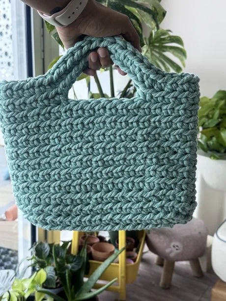 Handmade crochet tote bag in sage green, held in front of a plant shelf