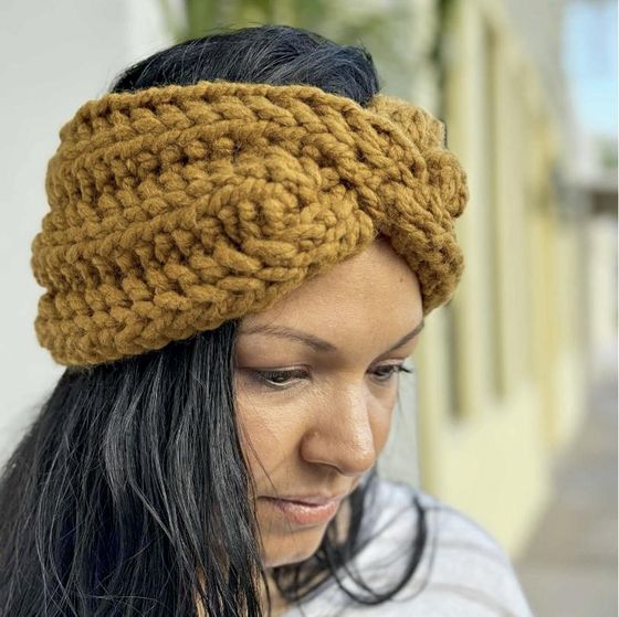 Mariale Pineda, founder of Bohemia Handmade Studio, wearing a handmade crochet headband