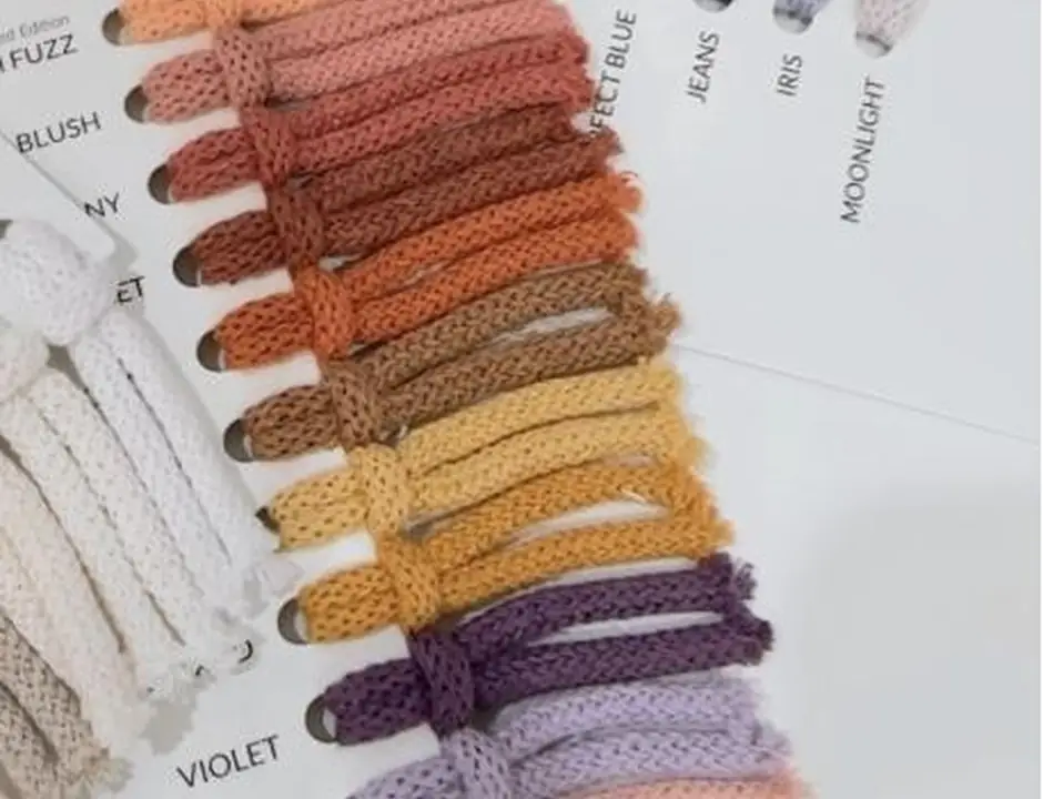 Studio color palette card showing macrame cord colors from cream and blossom through mauve and burgundy