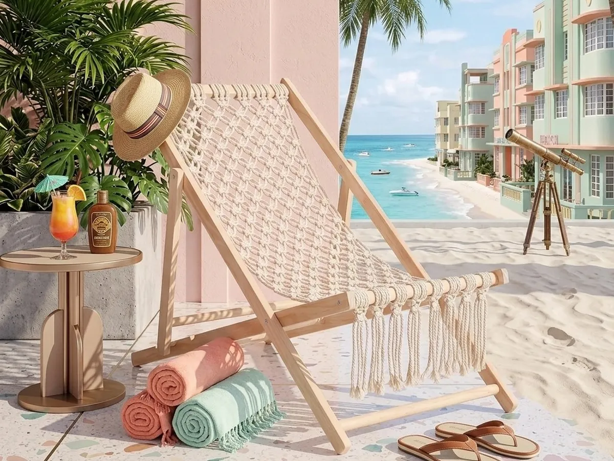 Wooden folding beach chair with a hand-woven macram&eacute; seat on a Miami terrace